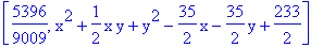 [5396/9009, x^2+1/2*x*y+y^2-35/2*x-35/2*y+233/2]